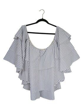 Striped Ruffle Sleeve Blouse With Boat Neckline By INA Size S Navy & White Boho